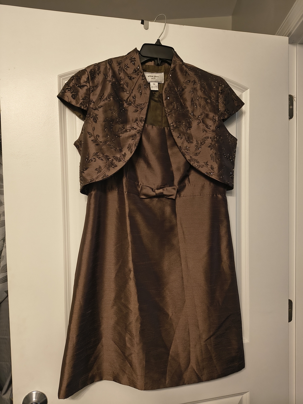 Brown Satin Dress with Embroidered Bolero Jacket